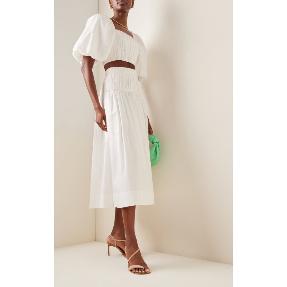 Aje White Enamour Shirred Cotton Midi Skirt, Size AU10 / US6